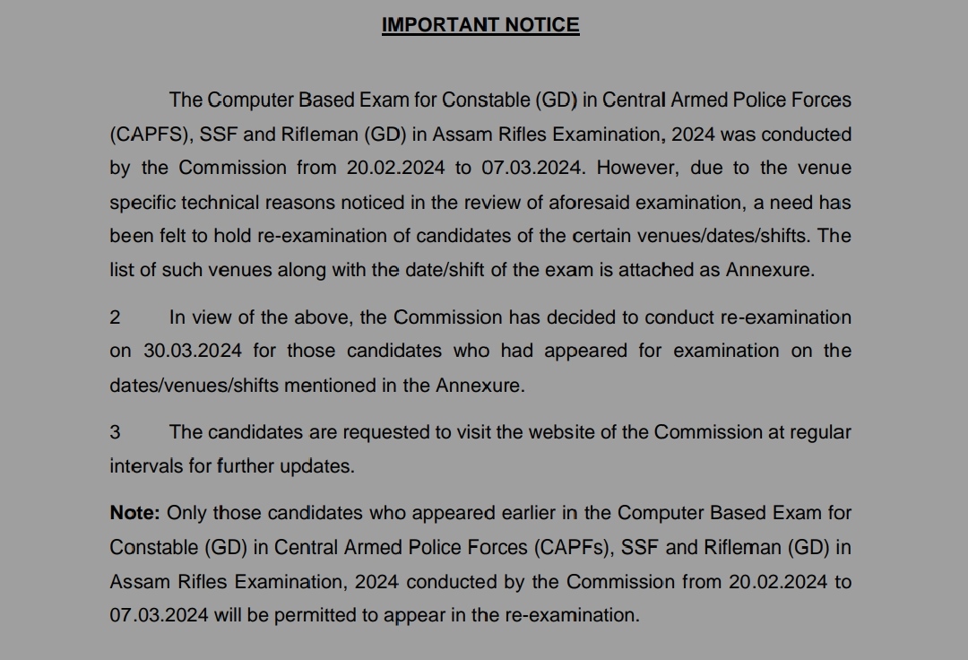 SSC GD Reexam notice 2024